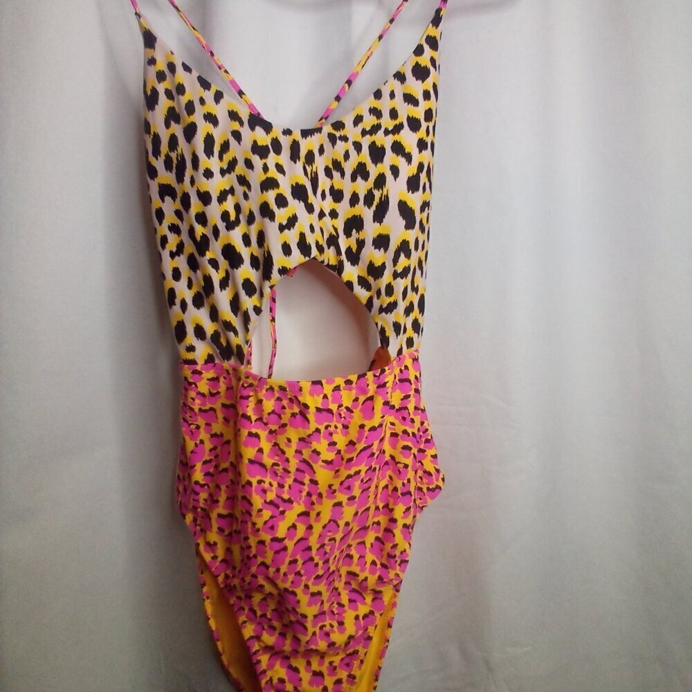 Arizona Jeans Co. Swimsuit L Women One Piece High Cut Animal Print Colorful